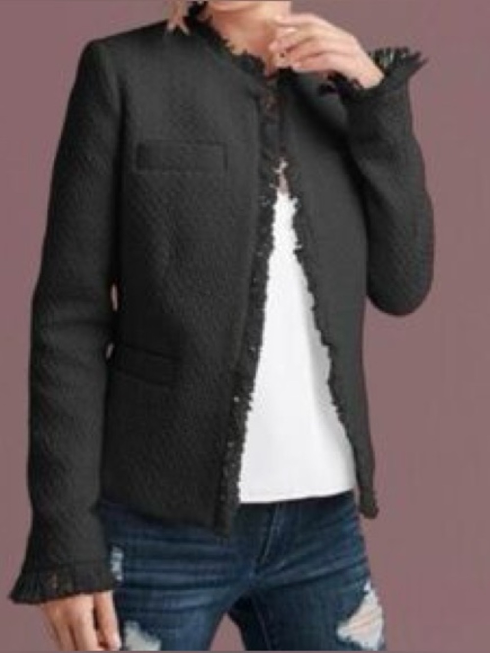 VENUS Black Bouclé Tweed Fringe Jacket Blazer Size 12 NWOT